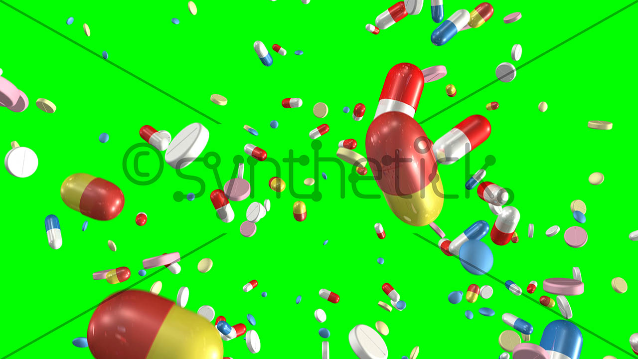 Pills Falling Green Screen Stock Video Footage Synthetick