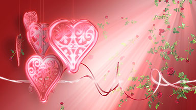 Red background loop of Hearts, roses and ribbons