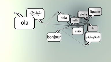 Hello in many different languages in speech bubbles