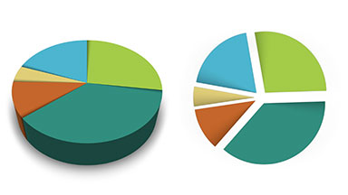 An animated 5-segment pie chart, four versions